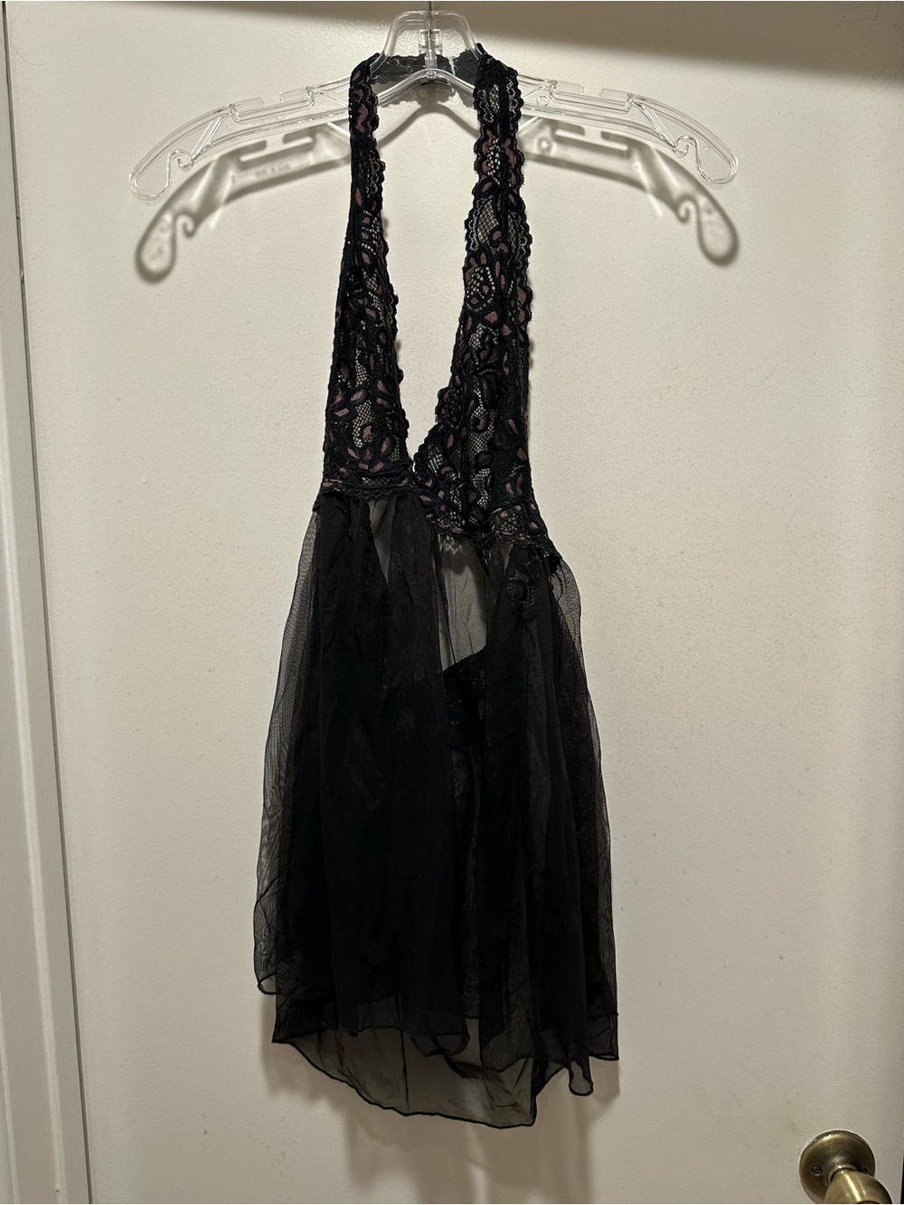 Frederick's of Hollywood Black Lace Halter Babydoll Chemise Size Medium Sheer